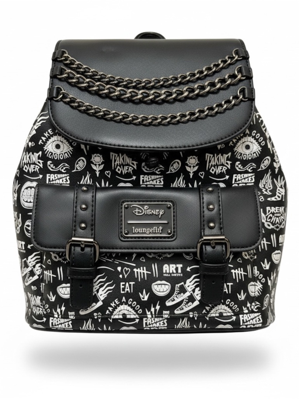 Cruella Deville Loungefly Black & White Graphic Mini Backpack with Chain Detail‎